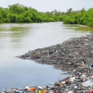 a lake surrounded by dumped rubbish and non-compliant discharge